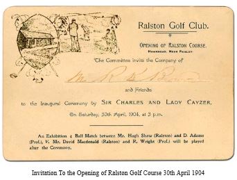 Invitation to the opening of Ralston Golf Course, 30th April 1904